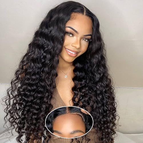 Bling Hair Glueless Hd Lace Closure Wigs Human Hair Deep Wave 5x5 Wear and Go Lace Closure Wig for Women 180 Density Lace Front Wigs Brazilian Virgin Human Hair Pre Cut Pre Plucked 24 Inch