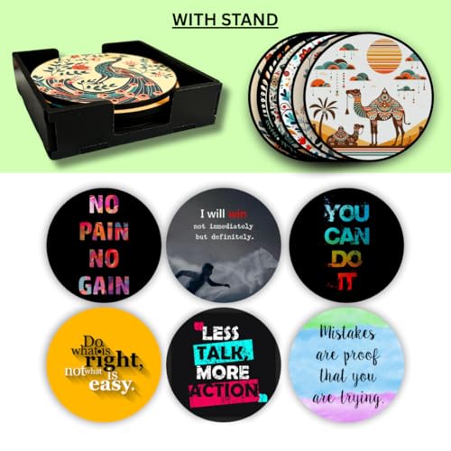 Image of Zesta Coasters for Cups Set of 6 / Wooden Coasters for Bar Accessories for Home /Tea Coaster Set of 6 / Waterproof Dining Table Decor Glass Cover (Motivational, Circle)