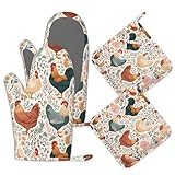 Cute Roosters Chicken Hens Oven Mitts and Pot Holders Set of 4, Heat Resistant Non Slip Plants Kitchen Gloves Hot Pads,Chef Cooking Baking Gifts for Women Bakers,Kitchen Cooking Lover Cooks