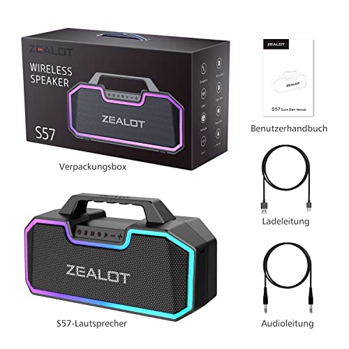 ZEALOT Bluetooth Lautsprecher,Musikbox Tragbarer Bluetooth Box mit Licht,Bass Stereo,60W,IP67 Wasserdicht,14,400 mAh Akku,40H Spielzeit,TF-Karte,AUX,USB(S57) – Bild 6