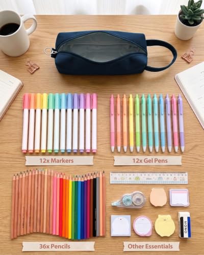 Image of Fmeida Pencil Case Pouch, Back to School Supplies Gift for Boys Girls, Navy | Eco-Friendly Fabric, Water-Resistant, Inner Pocket, Carry Handle, for School & Office