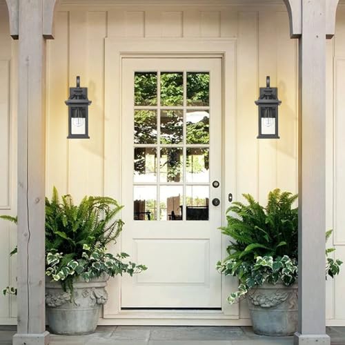 Image of Darkaway Dusk to Dawn Outdoor Lights Fixture Wall Mount, Exterior Wall Light with Seeded Glass Waterproof Black Outside Wall Sconce for House Porch Hallway Garage