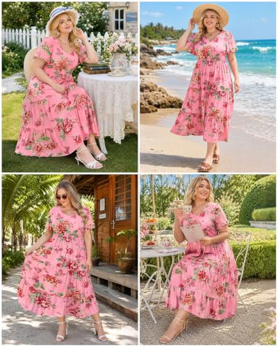 Image of Women's Plus Size Summer Dresses Floral Casual Tiered Midi Dresses V-Neck Short Sleeve Long Maxi Dress with Pockets