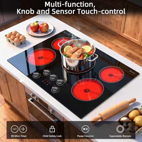 Image of Karinear Electric Cooktop 30 Inch, Knob Control 5 Burner Radiant Stovetop | Fits Most Existing Cutouts, 8500W High Power, 240V Built-in Stove Top, Timer, Child Lock, Pause, Works with Most Cookware