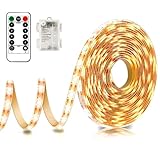 LED Waterproof Strip Lights - 5M Battery Powered Light Strip with Remote, 8 Modes, Dimmable, Timer, Cuttable, Outdoor Indoor Waterproof Self-adhesive for Kitchen Bedroom Cabinet Bar Decor (Warm White)