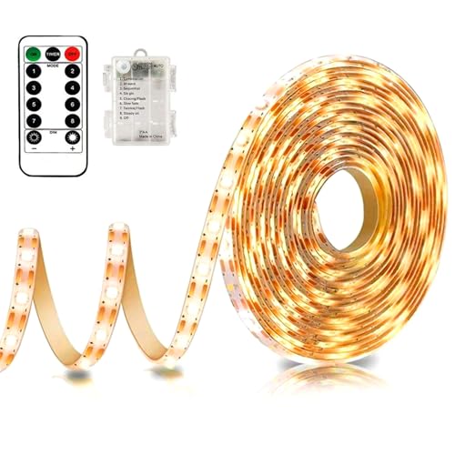 LED Waterproof Strip Lights - 5M Battery Powered Light Strip with Remote, 8 Modes, Dimmable, Timer, Cuttable, Outdoor Indoor Waterproof Self-adhesive for Kitchen Bedroom Cabinet Bar Decor (Warm White)