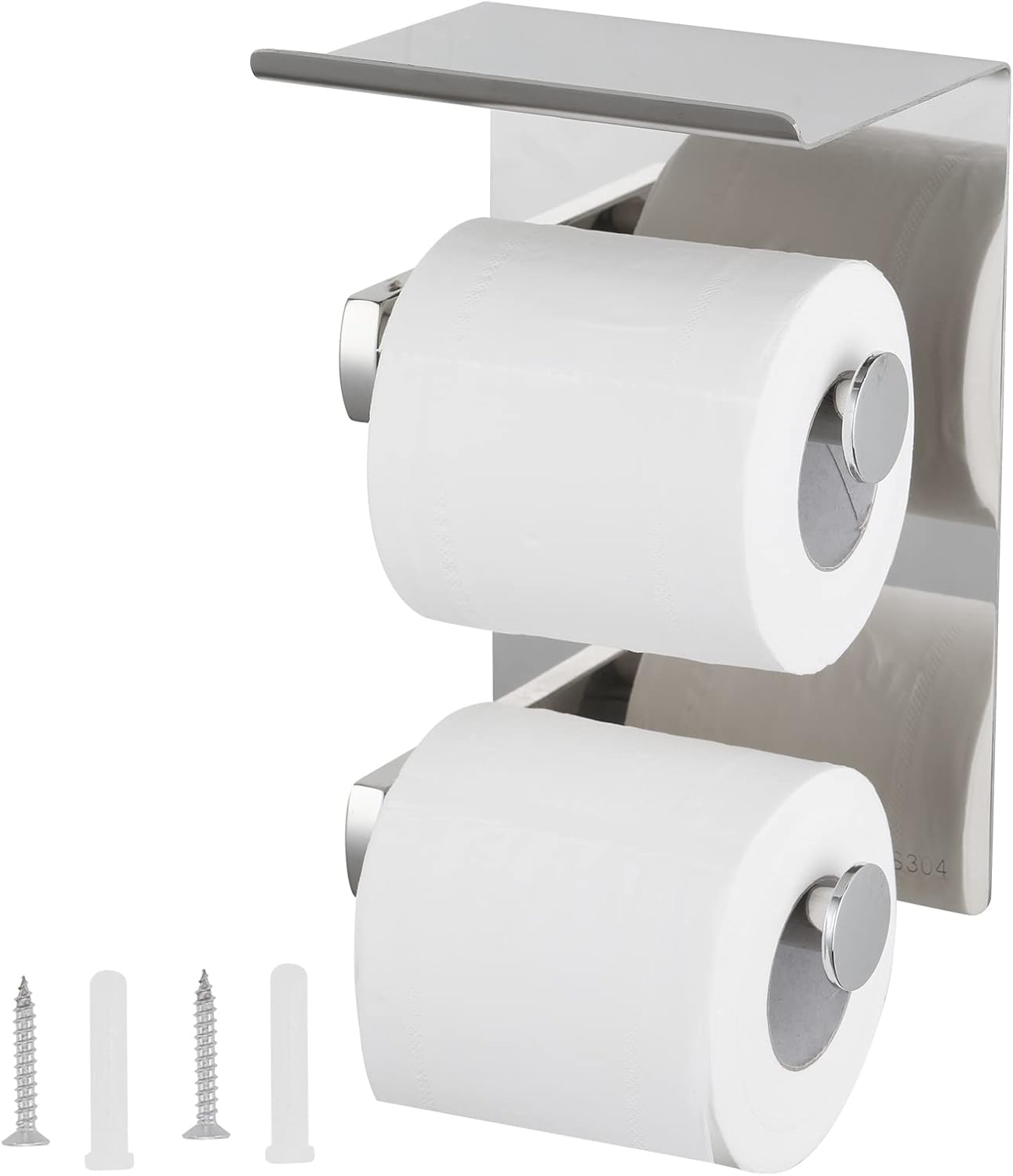Brushed Nickel Toilet Paper Holder with Shelf – 304 Stainless Steel Wall Mount Stacked Double Roll Holder, Fits Mega Rolls & Holds Phone – Space-Saving Bathroom Organizer