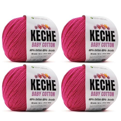 Image of Keche Baby Cotton, 60% Cotton 40% Acrylic Yarn, Soft Cotton Yarn for Crochet and Knitting, Amigurumi Yarn 4 Skeins /Balls [1.76 Oz (50g) / 180 Yrds (165m)] x 4 - Deep Pink