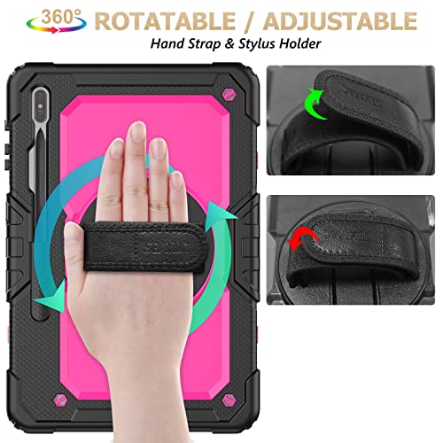 Image of SEYMAC stock Case for Samsung Galaxy Tab S8 Plus /S7 FE /S7 Plus 12.4 inch Tablet Case with Screen Protector, Pencil Holder, 360 Rotating Hand Strap & Stand, Drop-Proof, Rose /Black