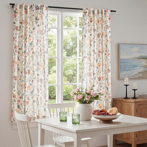 Image of jinchan Beige Floral Linen Curtains 63 Inch Farmhouse Back Tab 2 Panels