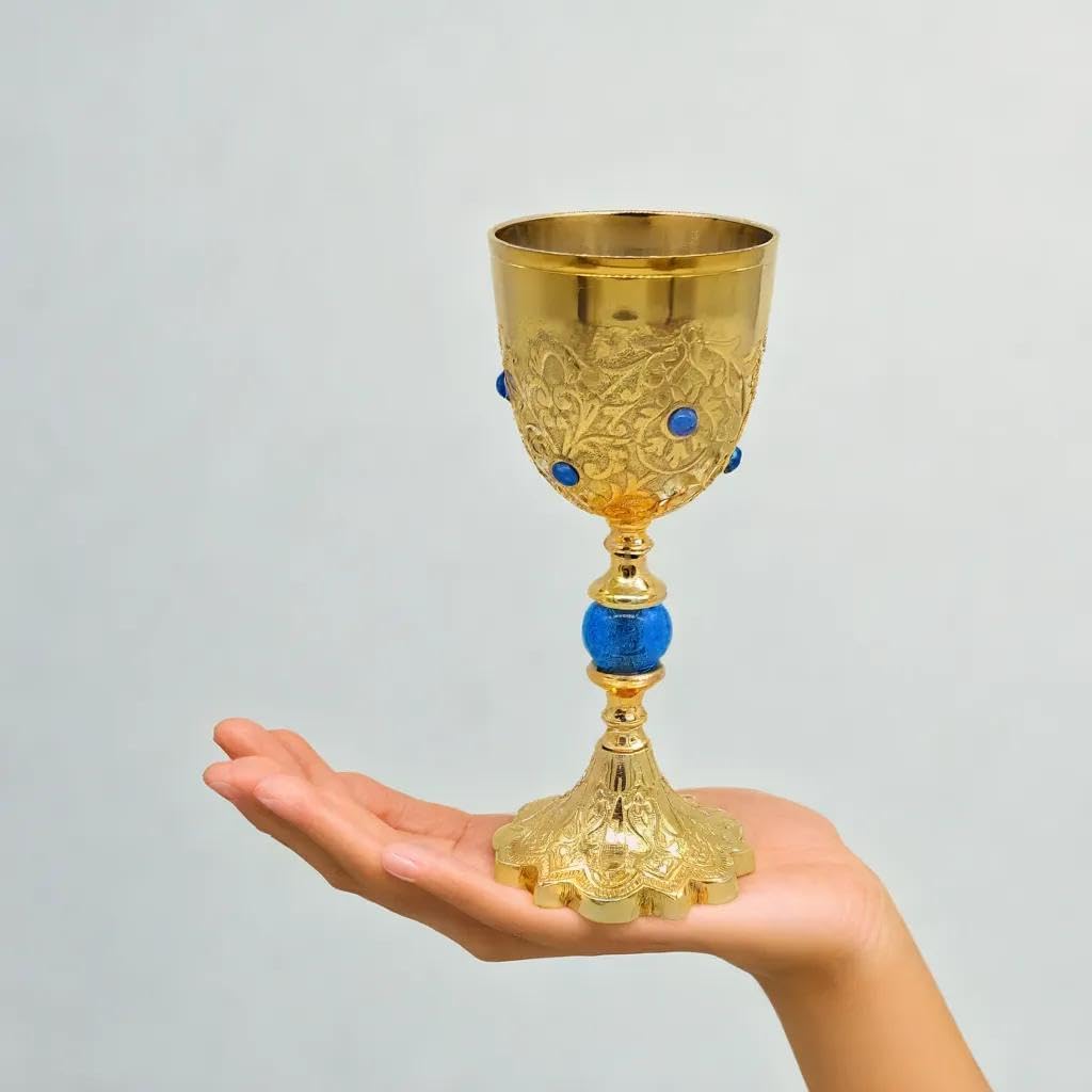 REPLICARTZ Gold Brass Chalice Goblet with Blue Stones – 7.5” Handmade Catholic Communion Cup, Medieval Wine Goblet for Mass, Religious Ceremony, or Altar Décor – 210 ml With Velvet Box