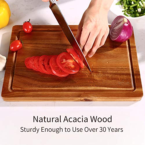 SKY LIGHT Cutting Board, Wood Chopping Boards for Kitchen with Deep Juice Groove, Organic Acacia Butcher Block for Meat and Vegetable, Wooden Carving Board with Grip Handles BPA Free - Medium