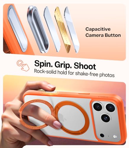 Image of TORRAS Upgrade 360 Magnetic Stand for iPhone 17 PRO Case, Fit for MagSafe | Mil-Grade Protection, Camera Control Button, Slim Soft Edge Translucent Back for iPhone 17Pro 6.3 inch, Orange