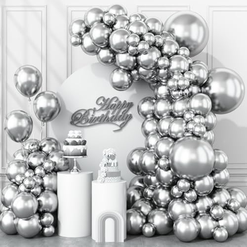 Togvu Palloncini in argento metallizzato di diverse dimensioni, 123 confezioni di palloncini argentati, confezione da 18 palloncini da 30,5 cm, 25,4 cm, colore argento cromato, per compleanni, lauree