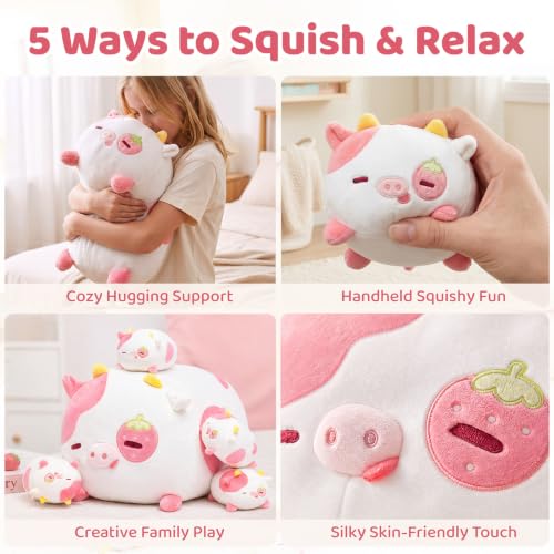 Image of Mewaii 4+1 Strawberry Cow Set Kawaii Plush, Ultra-Soft Feel, 16 in