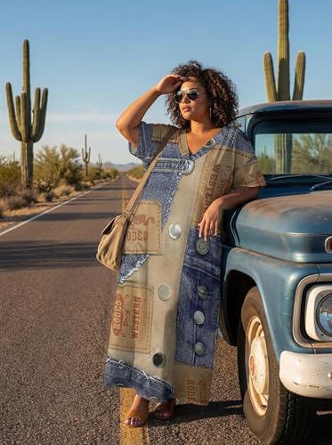 Image of SUZONANA Plus Size Denim Print Maxi Dresses for Curvy Women Casual Blue Jean Dress Summer Short Sleeve Tshirt Western Cowgirl Outfits 5XL
