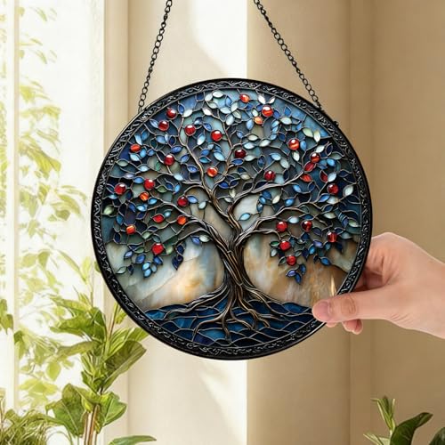 Zizzie Colorful Tree of Life Suncatcher -7.9 in Stained Glass Window Hanging Sun Catcher Garden Decor — view 4