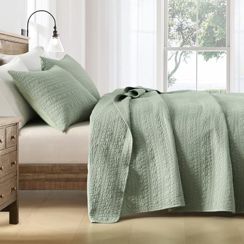 HORIMOTE HOME Quilt Set Queen Size Sage Green Classic Geometric Spots Stitched Pattern Pre-Washed Microfiber Chic Rustic Look Ultra Soft Lightweight Quilted Bedspread for All Season 3 Pieces
