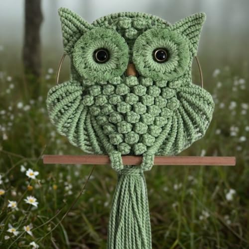 Image of tms Bohemian Owl Macrame Wall Hanging - 12 x 23 Inch - Handcrafted Boho Home Decor with Natural Elements - Boho Chic Accent for Home, Office, or Living Room (Green)