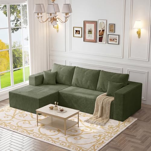 Image of 108 inch Modular Sectional Sofa,L-Shaped Cloud Couch with Deep Seats & Chaise,Convertible 4-in-1 Corduroy Boneless Couches for Living Room,Bedroom,No-Assembly,Green(Left Facing Chaise)