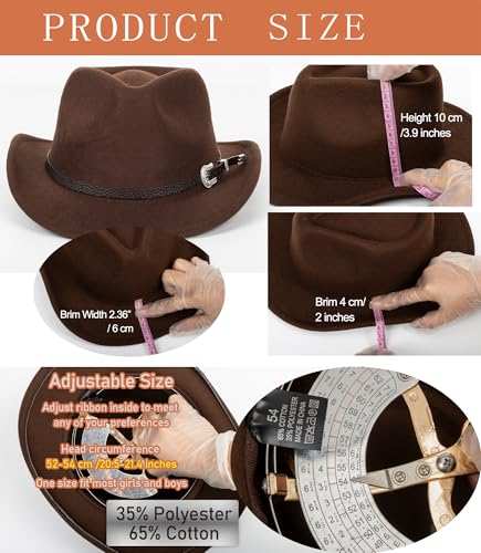 Kids Western Cowgirl-Cowboy Felt-Fedora-Hat Girls Boys Wide-Brim Retro-Rodeo Panama-Cap with Gus-Buckle-Belt for 5-8T, Brown2
