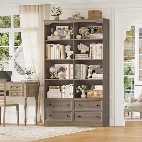 FINETONES 71" Tall Bookshelf with 4 Drawers, 6-Tier Double Wide