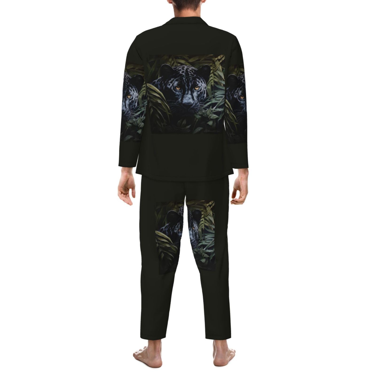 Czarny Leopard Print Print Męska piżama z długim rękawem zestaw dwuczęściowy odzież domowa wygodna bielizna nocna bielizna nocna