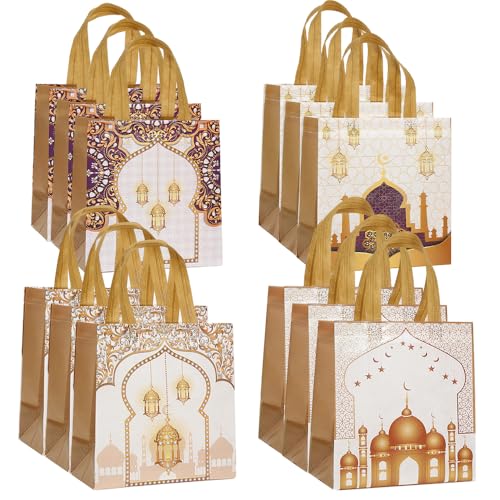 12pcs Large Eid Mubarak Gift BagsReusable Ramadan Bag with Handles ramadan Goodie bags Non Woven Eid Bag for Ramadan Kareem Eid Mubarak Party Supplies