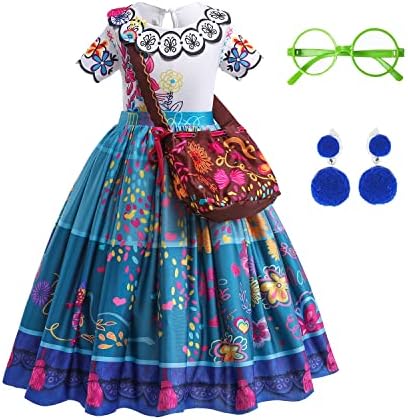 PashaLs Mirabel Dress for Girls, Mirabel Costume Dress Up for Kids, Halloween Cosplay Outfits with Glasses and Clip Earrings, 5-6 years