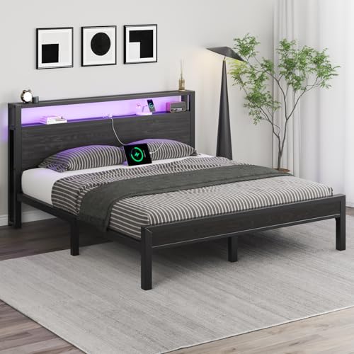 Image of LOEWAY Full Size Bed Frame with Storage Headboard, Industrial Platform Bed with Charging Station and LED Lights, Heavy Duty Metal Slats, No Box Spring Need, Noise Free, Black