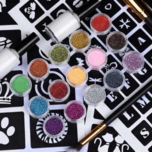 Xpassion Tattoo-set met tijdelijke glitter, voor kinderen, tieners en volwassenen, met 15 kleuren glitters, 48 vellen, uniek thema-tattoosjabloon - Image 8