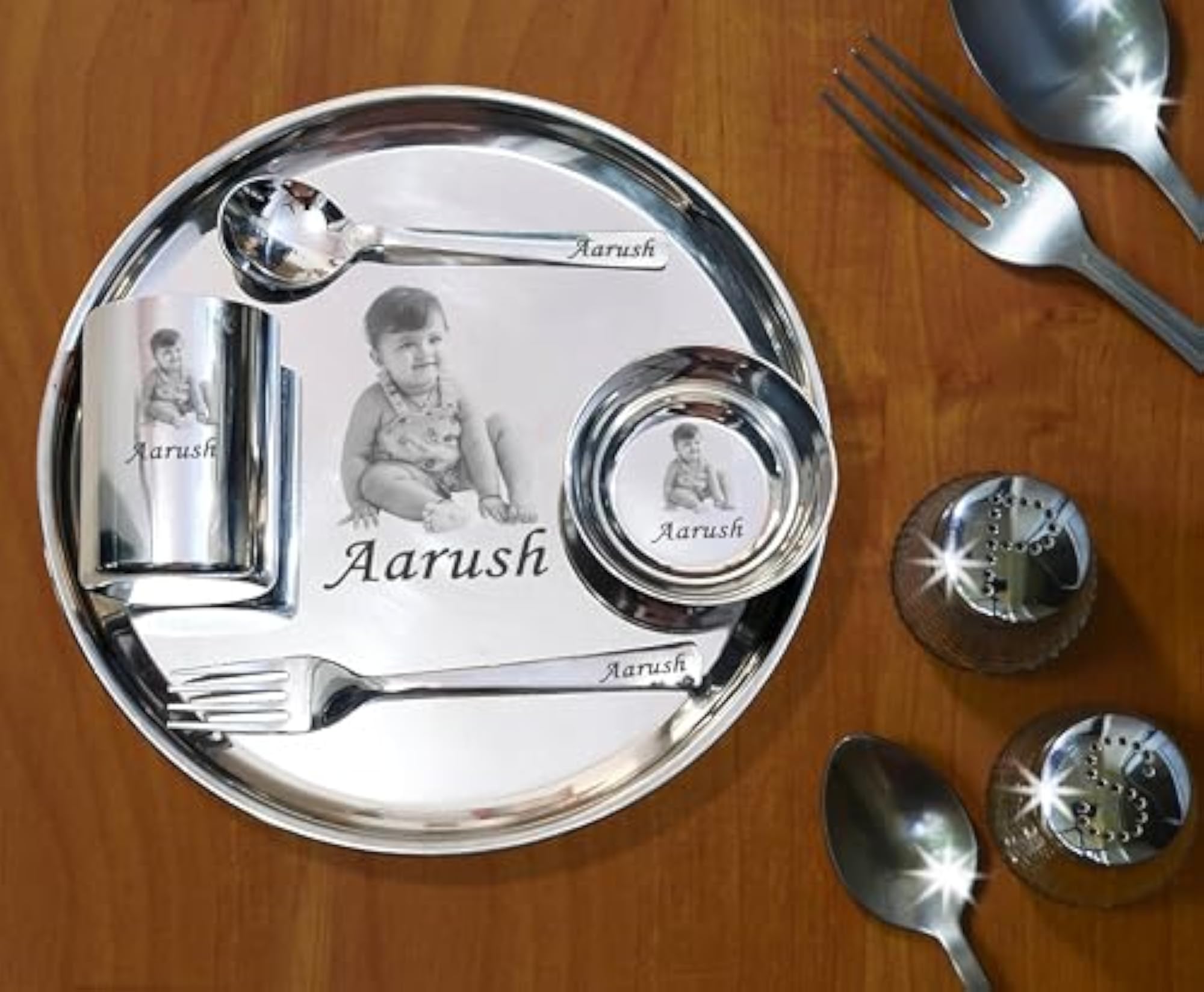 Customized Stainless Steel Thali with Name & Photo Engraving