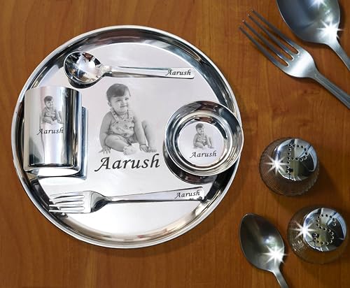 Image of Customized Stainless Steel Thali with Name & Photo Engraving | Ideal Birthday Gift for Boys & Girls | Custom Round Thali Plate Set for Kids