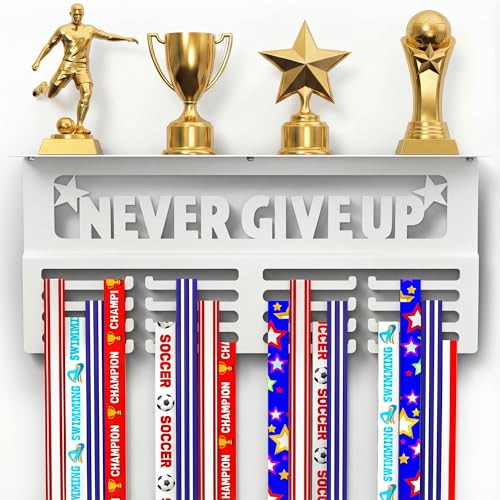 Image of AGATHOS HOME Medal Hanger Display with Trophy Shelf - Metal Awards Rack for Walls Holds 64+ Sports Medals- Our Never Give Up 16 inch Medal Holder Awards Trophy Display