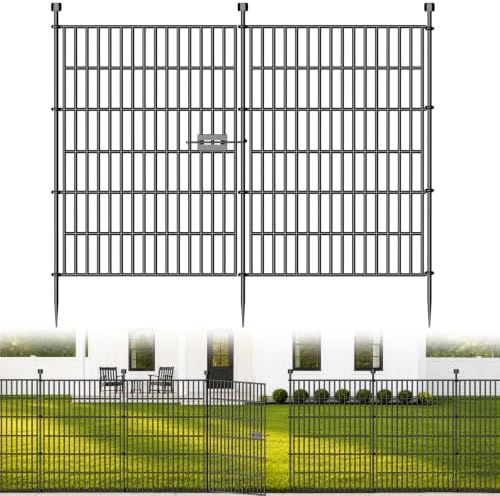 10 Paneele mit Tür Dekorativer Gartenzaun für Hunde, 101 cm (H) x 7.2 m (L) | Steckzaun für den Außenbereich, Rostfreier Metallzaun, Temporärer Tierzaun als Barriere für Garten, Ho