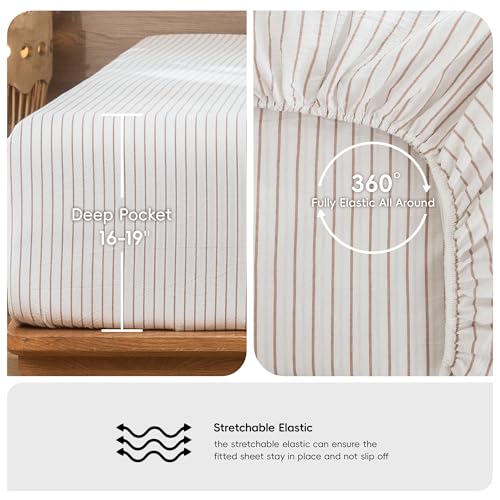 Image of MooMee Striped Sheet Set 100% Washed Cotton Linen Like Queen