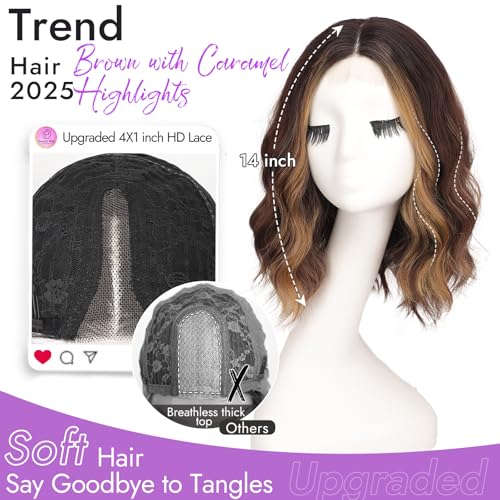 Brown with Caramel Highlights Short Wavy Wig for Women Lace Hairline Bob Style Synthetic Heat Resistant - Natural Appearance for Everyday Hairstyle 14 Inch - Image 3