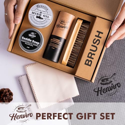 Henviro Leather Boot Care Kit - 9 PCS Saddle Soap, Mink Oil, Shoe Brushes, Waterproofing Wax, and More