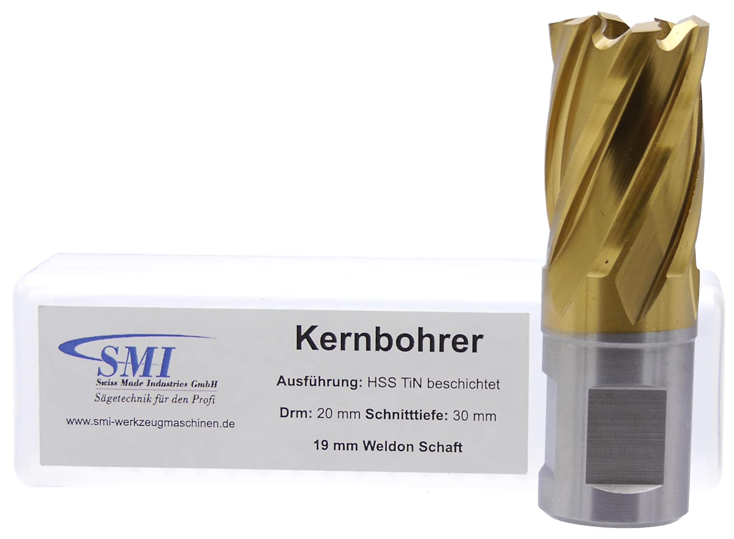 SMI HSS TiN Kernbohrer 20 mm Drm. Schnitttiefe 30 mm, Aufnahme 19 mm Weldonschaft