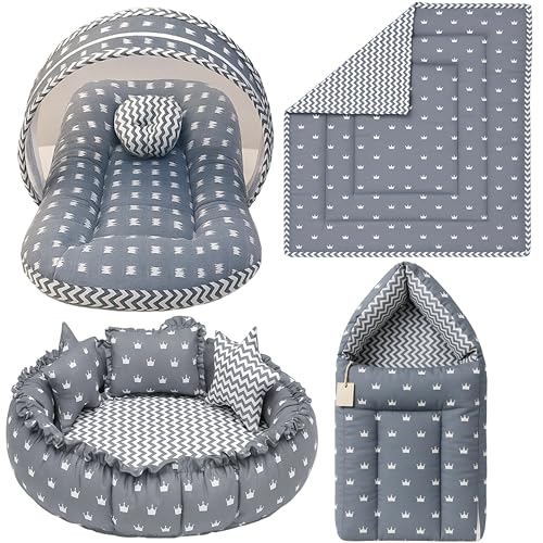 Image of Fareto Combo of Baby Bed with Net | Carry Bag | 4 Pcs Bedding Set (0-6 Months, Baby Size, Cotton) (Crown Grey)