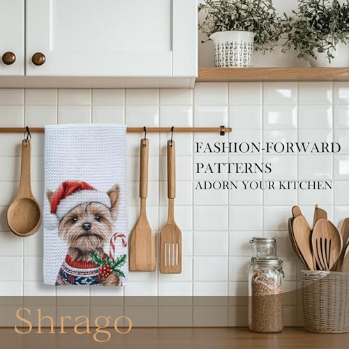 Image of Christmas Funny Yorkshire Terrier Kitchen Towels, Yorkie Gifts for Women Men Dish Tea Towels, Funny Candy Cane Yorkie Decorative Hand Towel for Bathroom Decor, 16x24 Inch