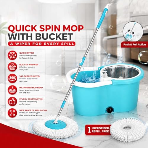 Image of Zureni BM01 Bucket Quick Spin Mop with 2 Microfiber Wet Dry Mophead Floor Cleaning Pocha Extendable Handle Removable Steel Wringer 360 Cleaner Mopping Set (Random Colour)