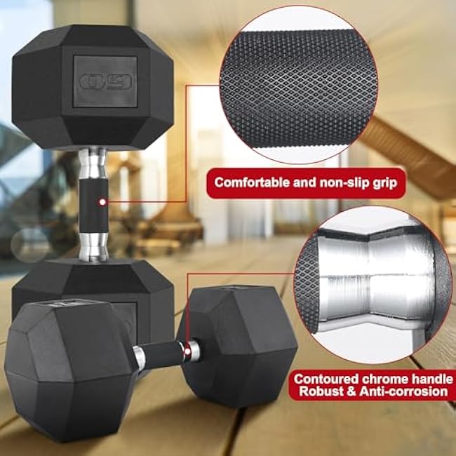 LIFERUN Rubber Grip Dumbbells Rubber Coated Cast Iron, with Anti-Slip Hex Black Dumbbell, Free Weights Dumbbell Set, 60lb/ 65lb/ 70lb/ 75lb dumbbells set of 2