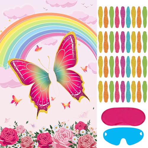 Hxezoc Pin The Tail on The Butterfly - 36 Pcs Tails, Large Pink Party Games Poster for Kids Birthday, Carnival Supplies