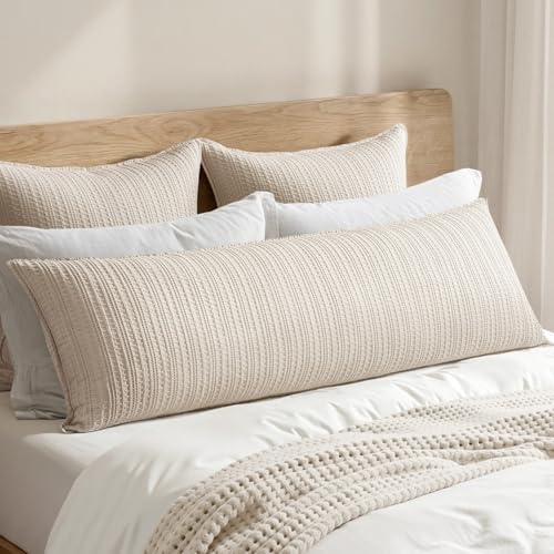 Woaboy 100% Cotton Waffle Weave Body Pillowcase 1 Pack 20x54 Decorative Body Pillow Cover for Bed Couch Sofa Neutral Long Cushion Sham Modern Farmhouse Home Decor Oatmeal
