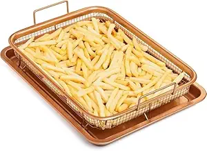 HOMETIC Copper Crisper Oven Air Fryer, Non-Stick Crisper Tray Copper Basket Air Fryer Crisper Basket with Baking Pan Mesh Basket Set Kitchen Deep-Fried Food Drain Basket for Oven Baking Crispy Foods