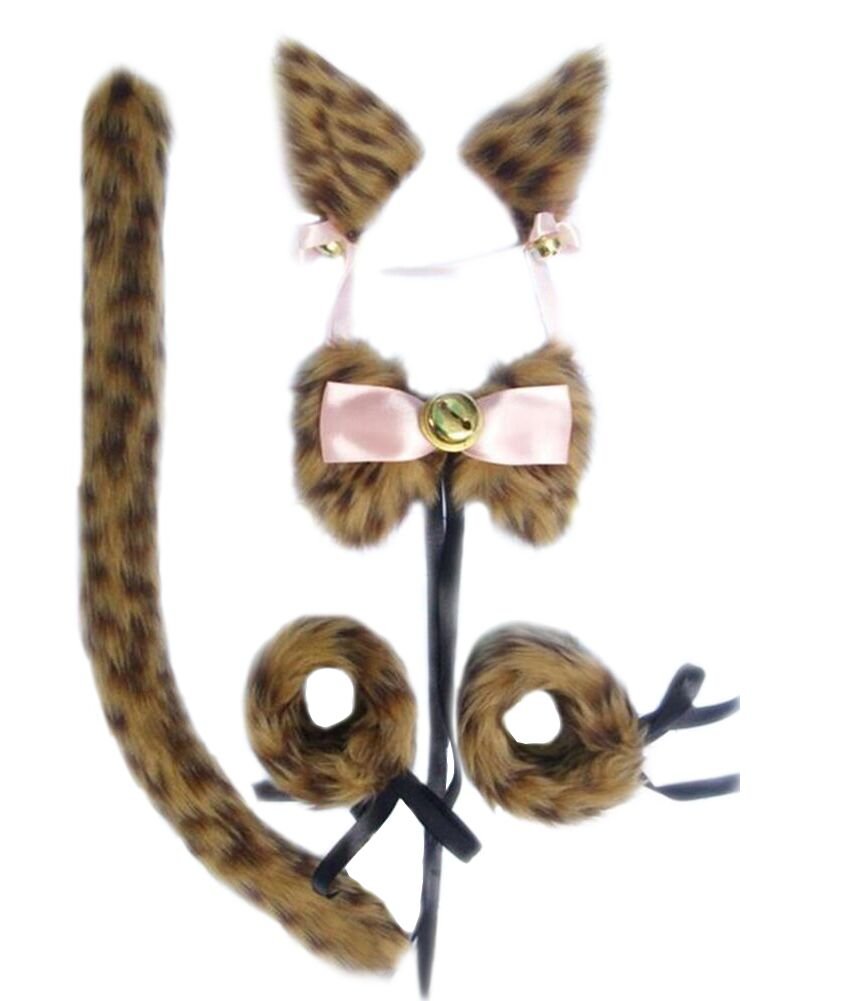 Lolita Anime Party Cosplay Costume Cat Ears Hair Clip Tail Wristband Bow Tie Set (Brown)