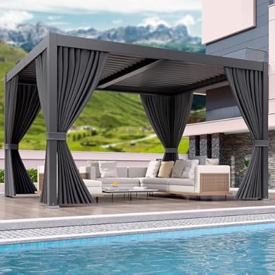 LEVELEVE 10' x 12' Louvered Pergola with Adjustable Roof, Outdoor Metal Patio Gazebo with Curtains & Netting, Gutter System, Large Hardtop Canopy for Garden, Deck, Backyard