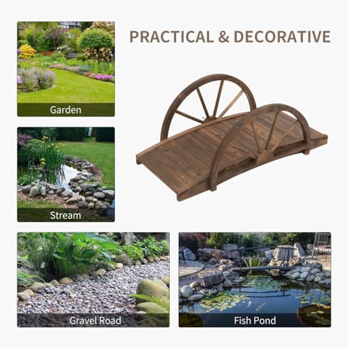 Piler 3.3ft Arched Wooden Garden Bridge with Half-Wheel Style Railings for Garden and Backyard - Solid Fir Construction, Stained Finish