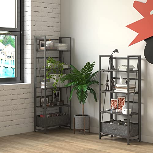 4Nm No-Assembly Folding Bookshelf Storage Shelves 5 Tiers Vintage Bookcase Standing Racks Study Organizer Home Office (Gray And Black) #TOP3